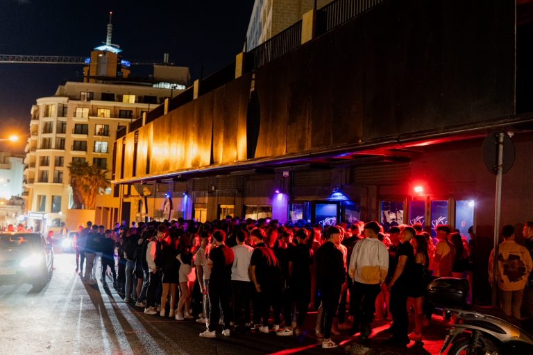 Valletta Malta. 05 April 2023. Many young people are standing in front of a nightclub